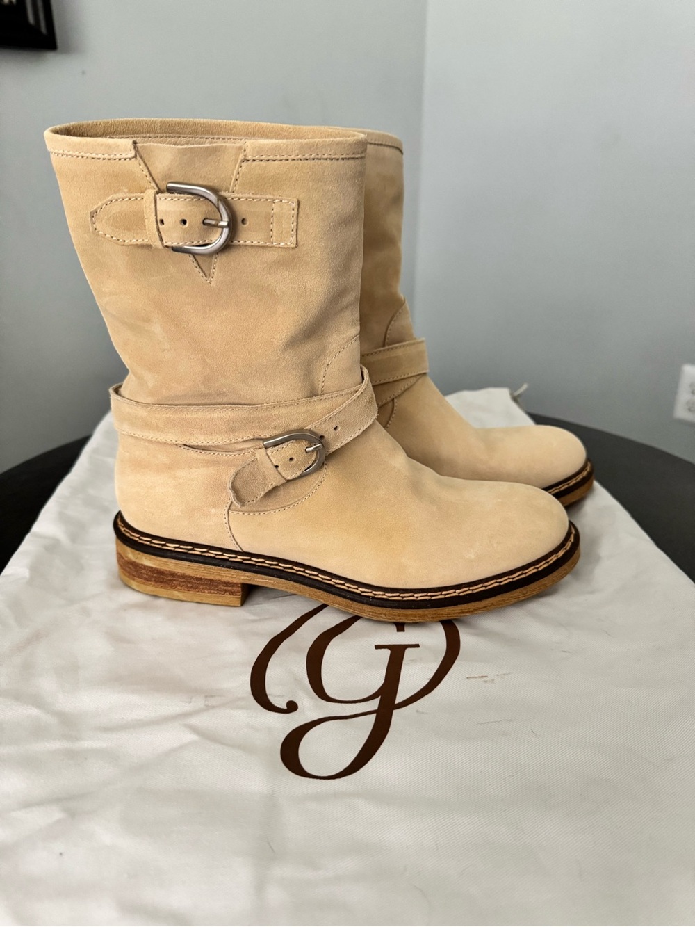 Women's M. Gemi “Motore” Desert Sand Suede Mid-Calf Buckle Boots Size 38